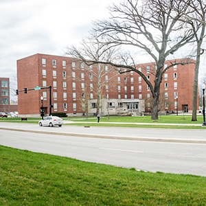 exterior shot of warren hall with a large tree in front