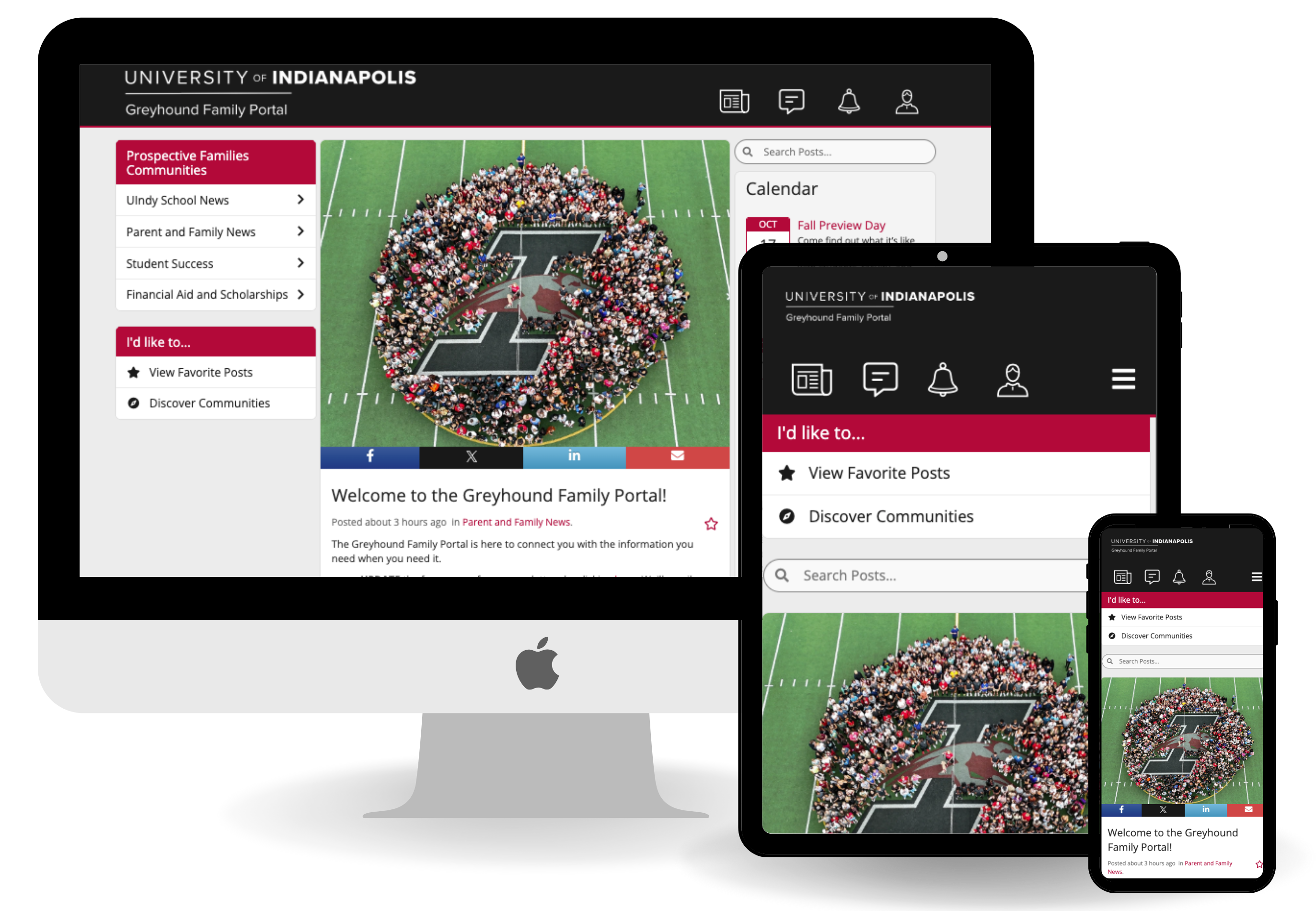 Greyhound Family Portal interface on a computer monitor, tablet, and mobile device