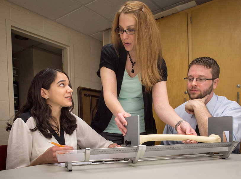 teacher and students in the anthropology lab measuring a bone