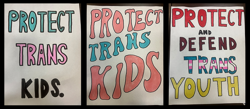 Three handmade posters with the words 'Protect Trans Kids' and 'Protect and Defend Trans Youth'.