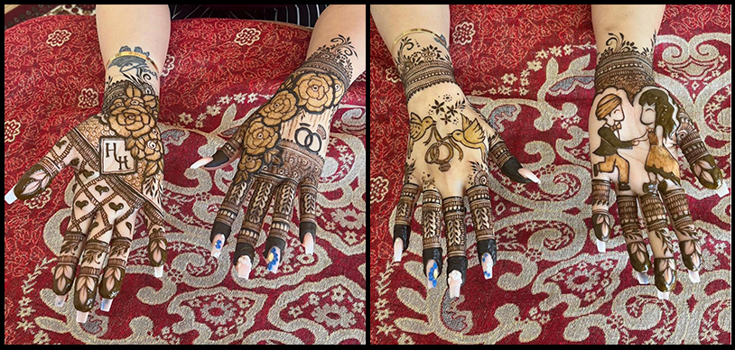 Henna Designs: Two side-by-side photos showing henna ink designs on a woman's hands.