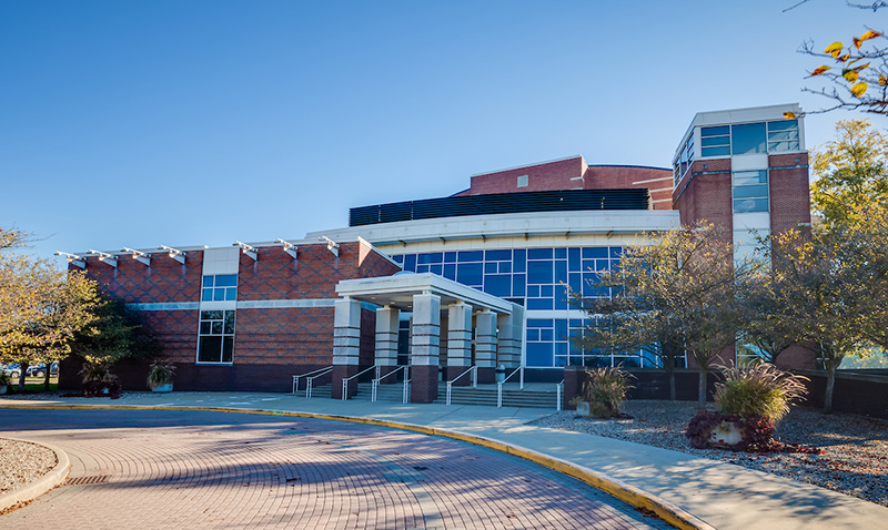 main entrance to the Christel DeHaan Fine Arts Center