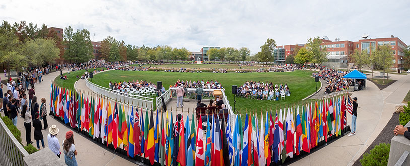 panoramic shot of the Celebration of the Flags ceremony on Smith Mall