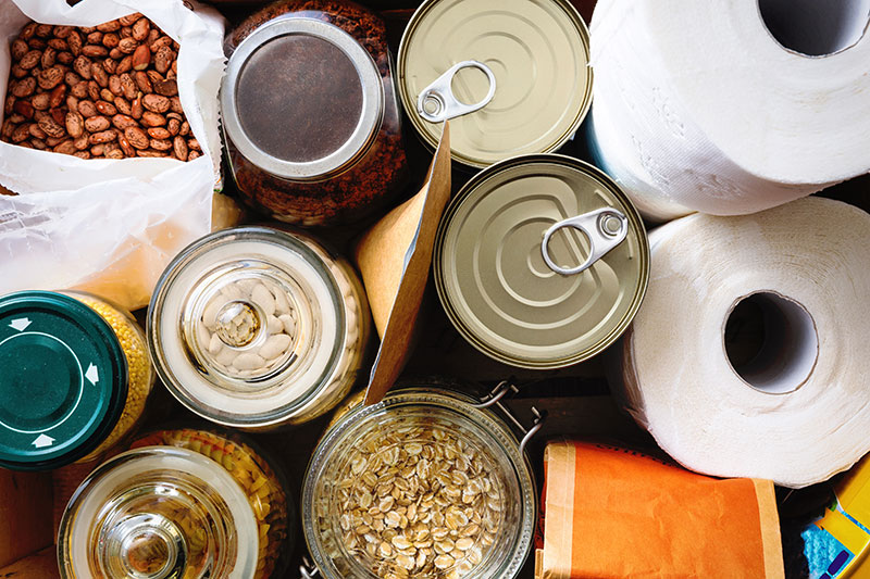 can and jars of food plus hygiene items