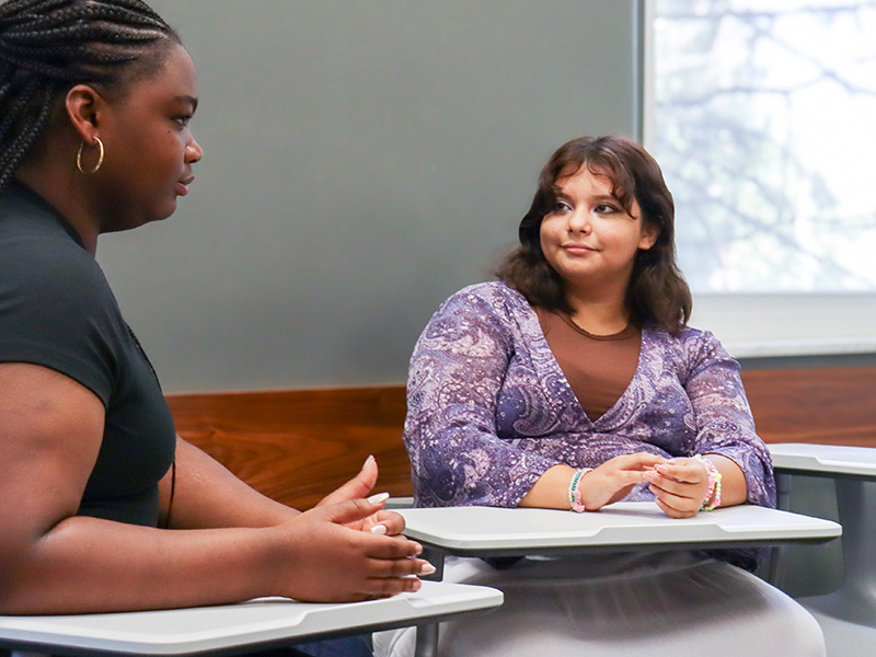two students talking at the desks