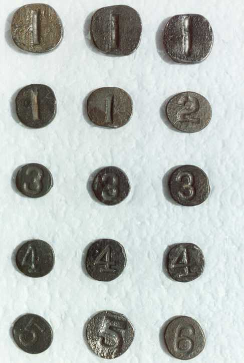 15 nail heads with multiples numbered 1 through 6