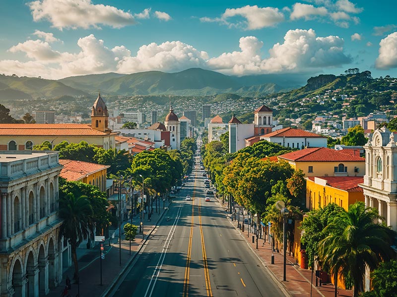 View down a wide city boulevard lined with trees and red-tiled buildings, leading toward green mountains under a partly cloudy sky.