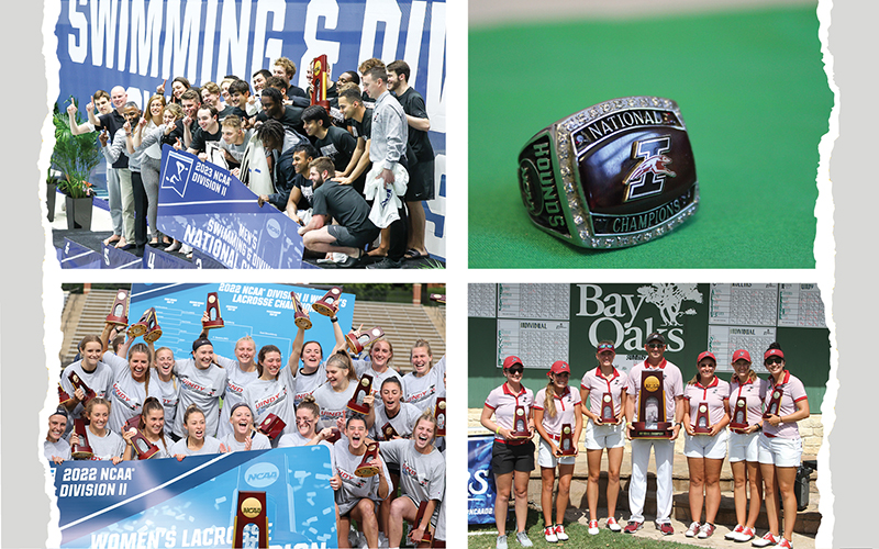 UIndy's Men's Swimming & Diving, Women's Lacrosse, and Women's Golf teams winning trophies