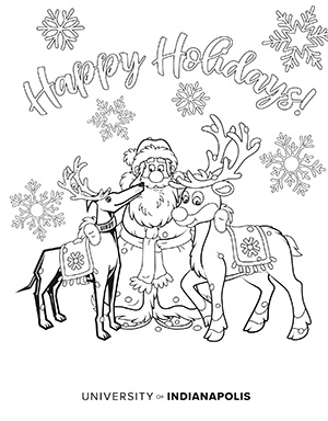 Coloring page with Grady, Santa, and a reindeer.