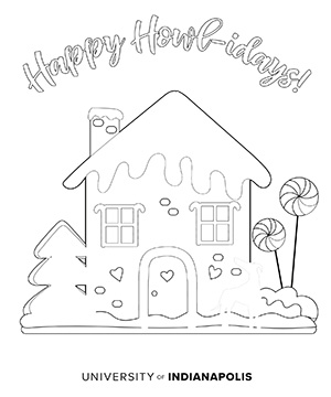 Happy Howl-idays coloring page with a gingerbread house.