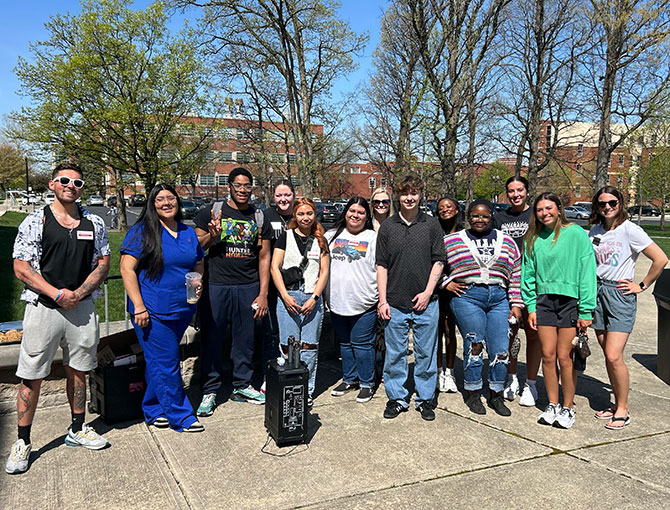 large group of students standing outside