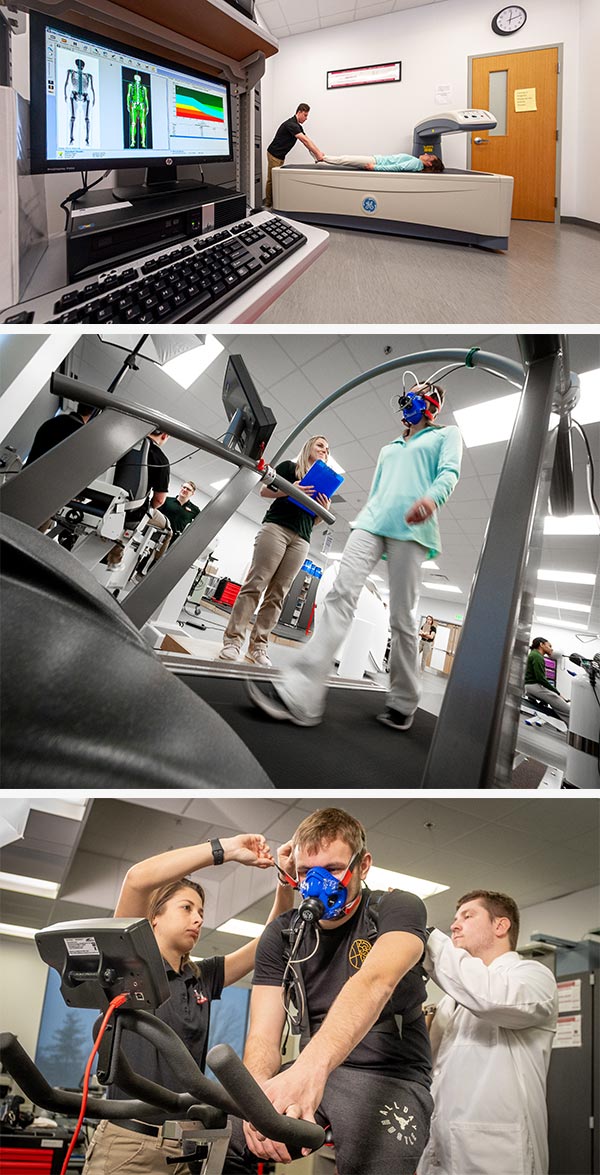 3 photos showing students using equipment in the human performance lab