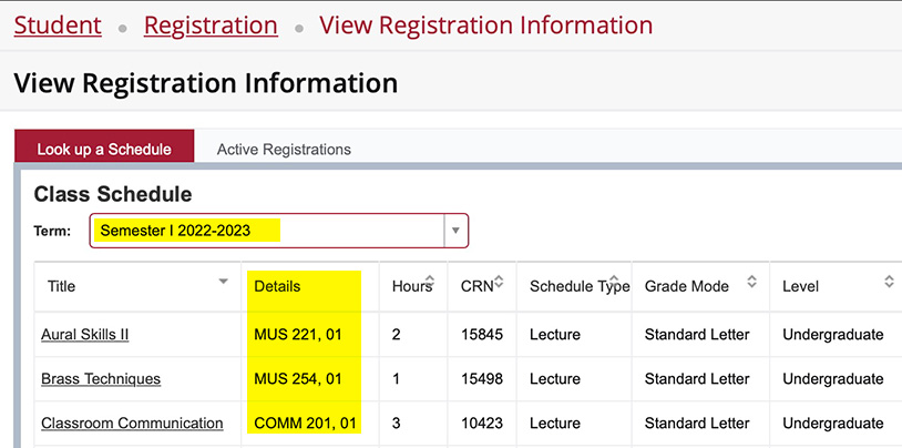Screenshot of View Registration Info page with term and details highlighted
