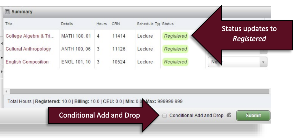 screenshot of registered statuses