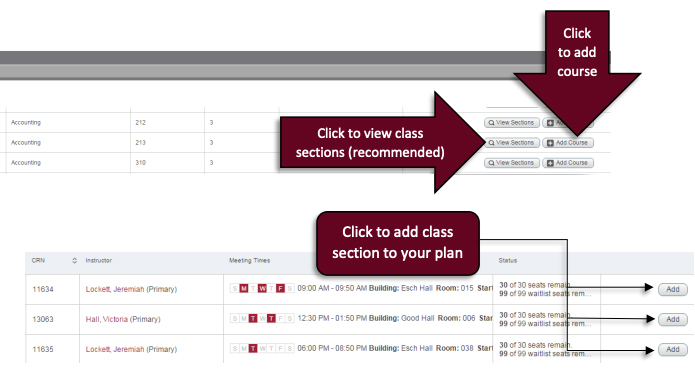screenshot to view class sections