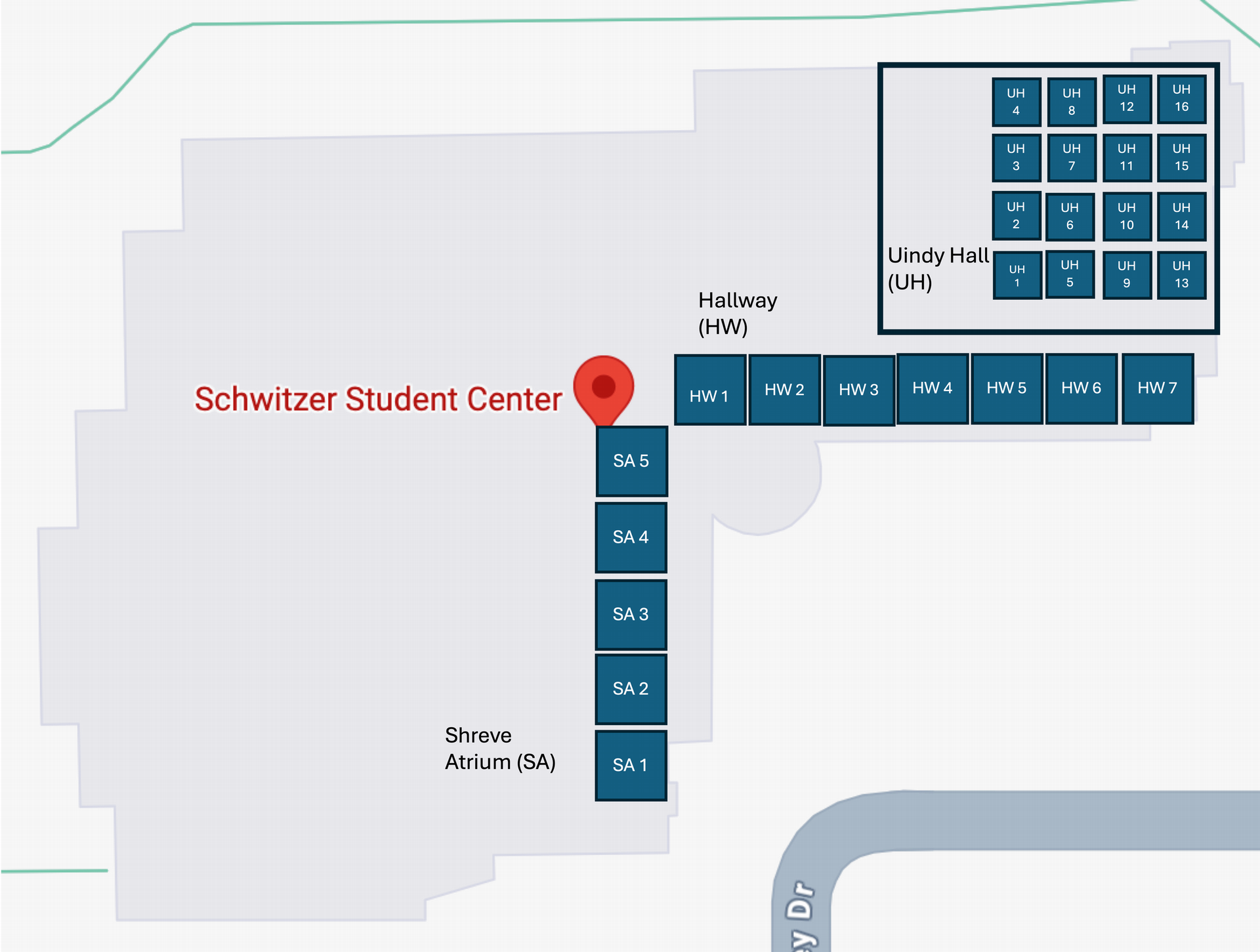Overhead view of Schwitzer Student Center with numbered presentation areas in the Shreve Atrium, Schwitzer North Hallway, and inside UIndy Hall.